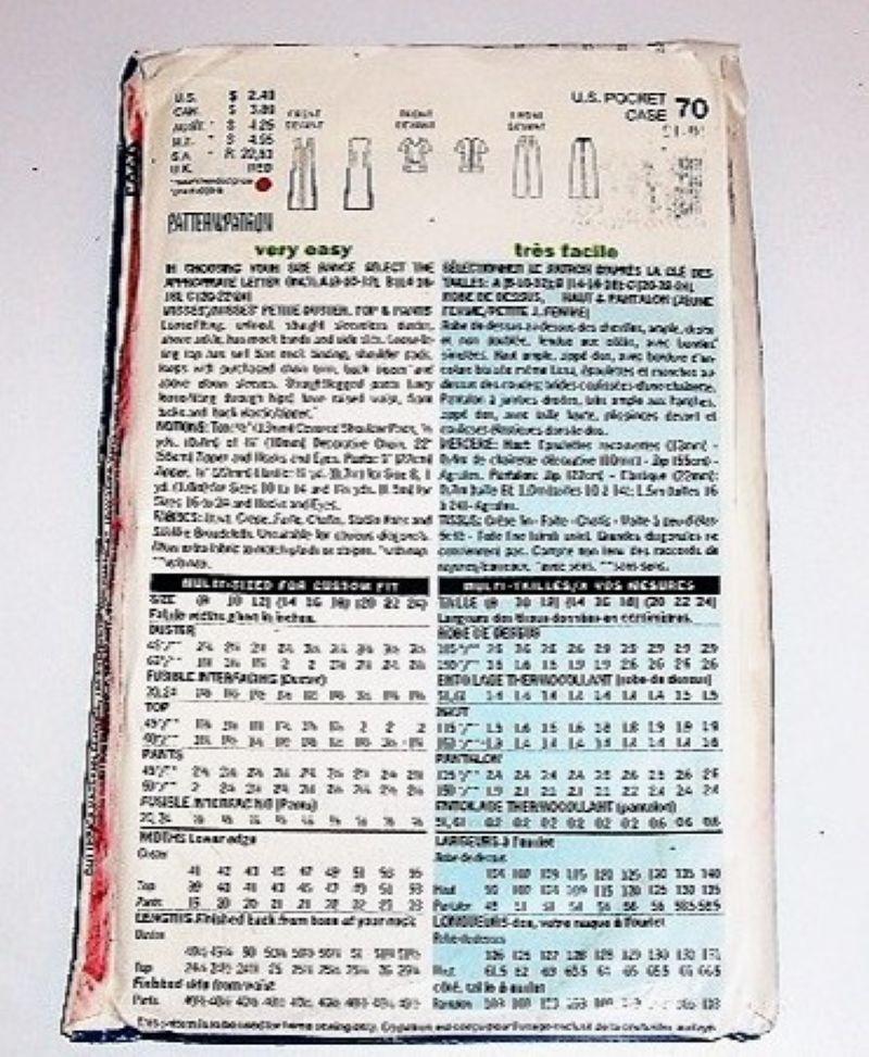 Butterick 5990 See & Sew Easy Sewing Pattern Misses/MP Duster, Top & Pants Sz 8–12