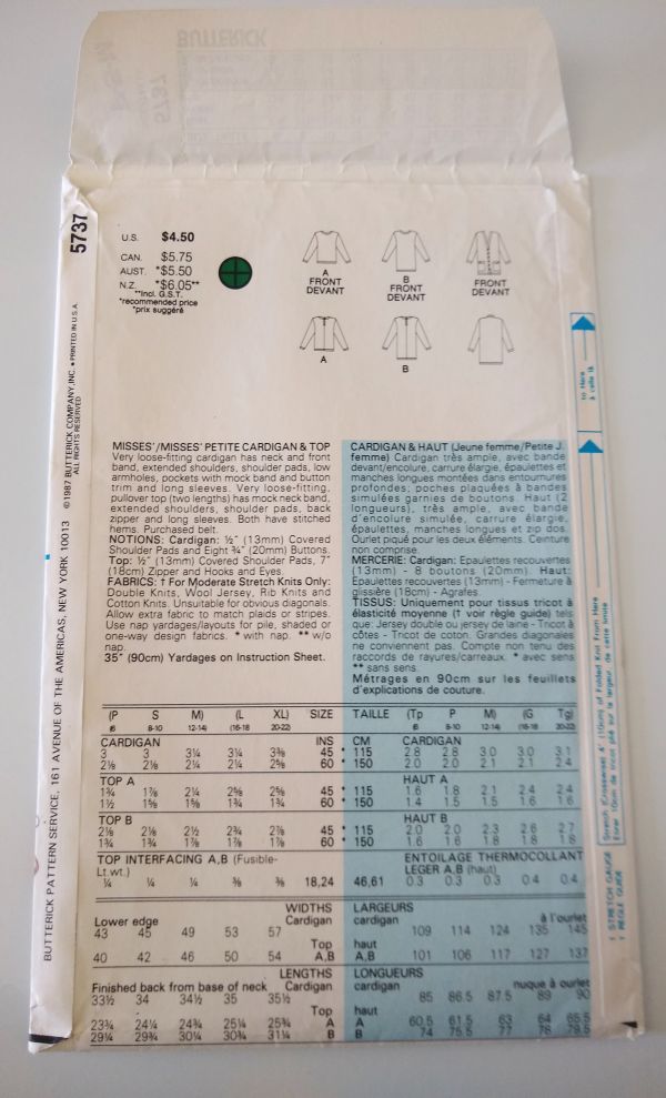 Butterick 5737 Misses Cardigan & Pullover Top Sewing Pattern (Petite–Medium, 1987)