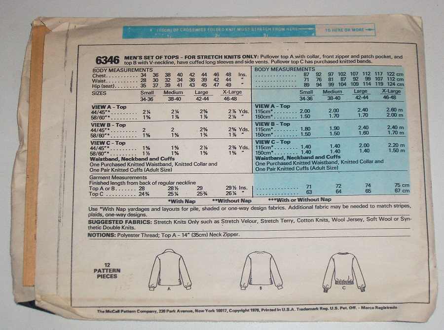 McCall's 6346 Men's Pullover Top Sewing Pattern Size Medium