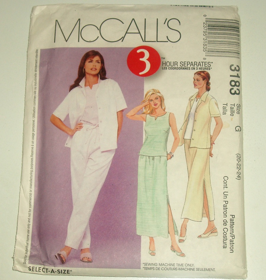McCall's 3183 Pattern Women's/WP Unlined Shirt-Jacket Top Pull-On Pants & Skirt Sz 20-24