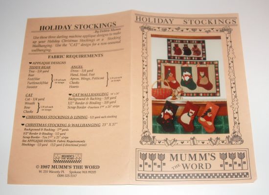 Holiday Stockings Applique Craft Pattern – Cat, Angel & Teddy Bear – Debbie Mumm’s The Word 1987