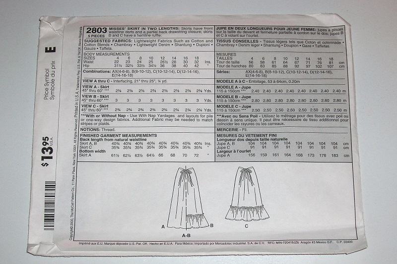 McCall’s 2803 Sewing Pattern Misses Skirts in Two Lengths Sizes 4–8