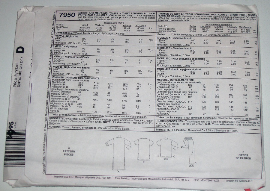 McCall's 7950 Sewing Pattern Unisex 1-Hour Sleepwear Sizes XL-XXL