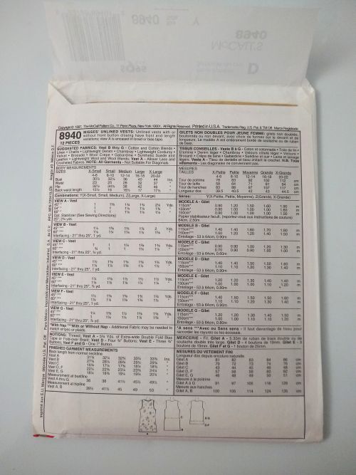 McCall’s 8940 Misses One-Hour Vest Pattern (1997) Sizes XS–M