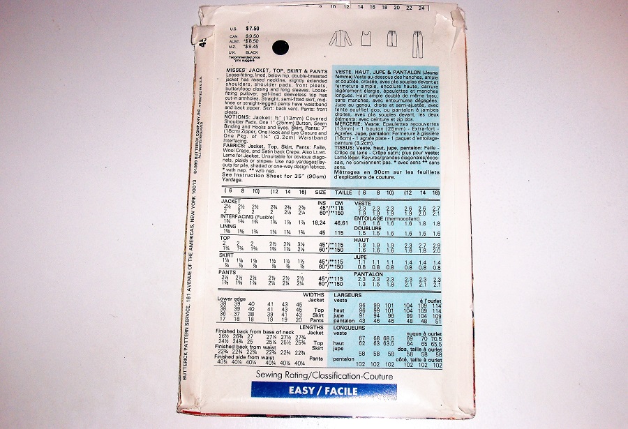 Butterick 4511 Glamour Collection Misses’ Jacket, Top, Skirt & Pants Sewing Pattern Sizes 6–10