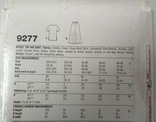 Simplicity 9277 Misses Pullover Knit Top & Pull-On Skirt Sewing Pattern Sizes XS-XL (2000)