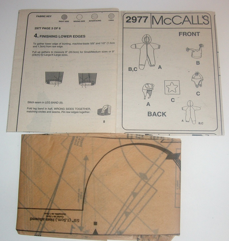 McCall’s 2977 Sewing Pattern Infant Bunting & Hat Variations Sz S-XL 2000 PolarGear Collection
