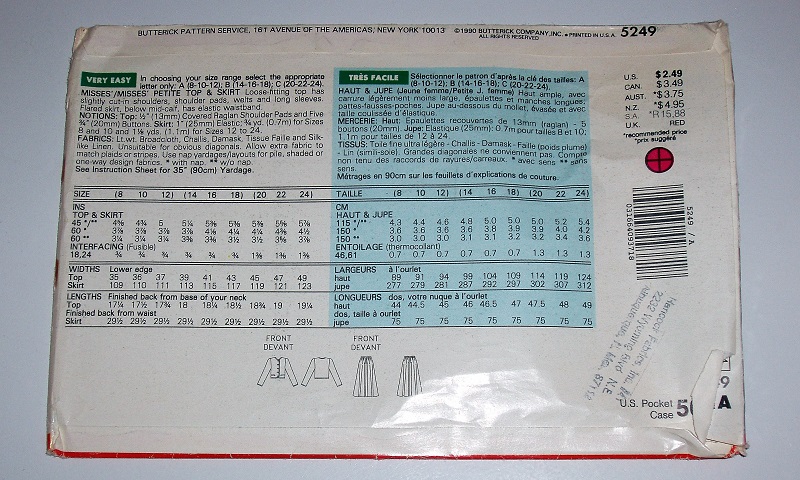 Butterick 5249 Misses/Misses Petite Top & Skirt Sewing Pattern – Sizes 8–12 – 1990