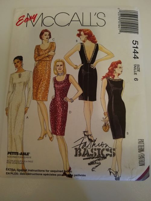 McCall’s 5144 Easy Sewing Pattern – Size 6 – Misses Dresses with Neckline Variations – 1990
