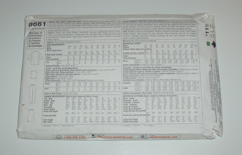 Simplicity 8661 Women’s Jacket, Top, Pants & Skirt Sewing Pattern Sizes 6, 8, 10