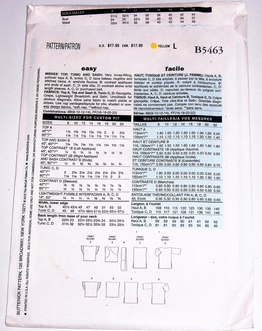 Butterick B5463 Misses Pullover Tops and Tunics with Sleeve Variations Sizes 16 to 22