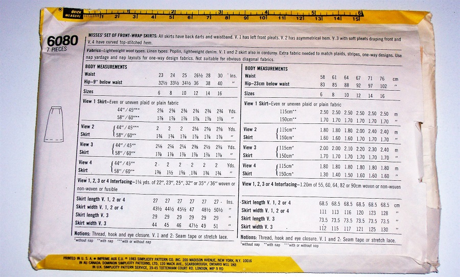 Simplicity 6080 Misses Wrap Skirt Sewing Pattern (Size 16, Waist 30")