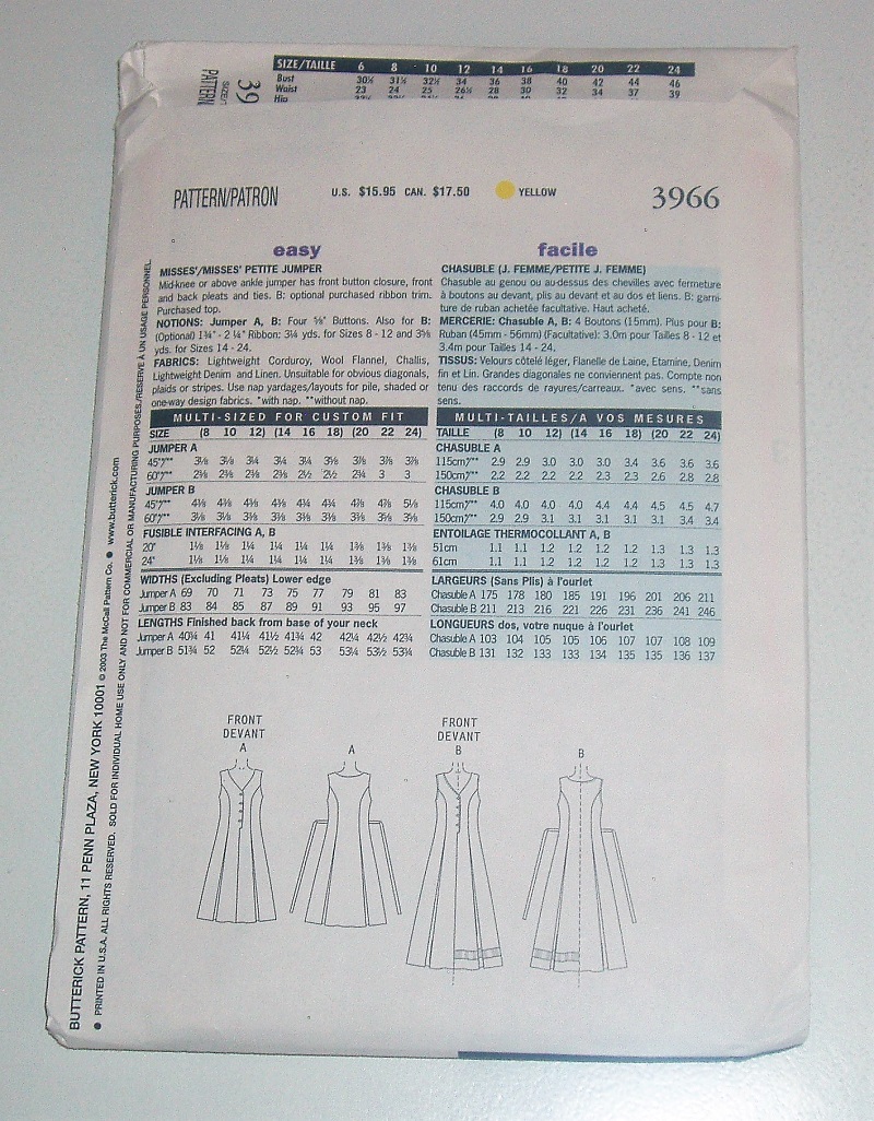 Butterick 3966 Sewing Pattern  Misses/Misses Petite Jumper Dress Sizes 8–10