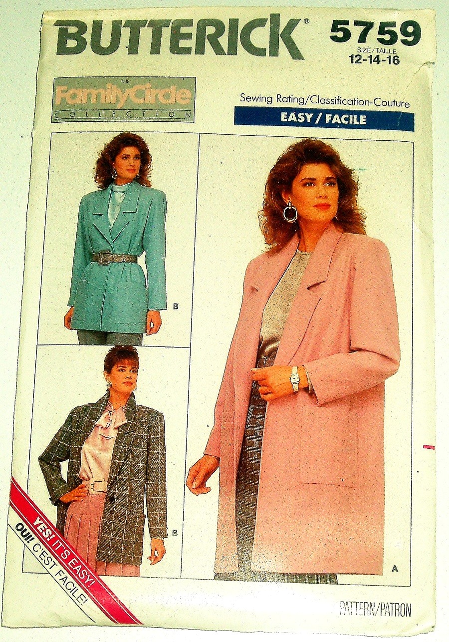 Butterick 5759 Family Circle Collection Sewing Pattern Misses/MP Loose-Fitting Jacket Sz 12–16