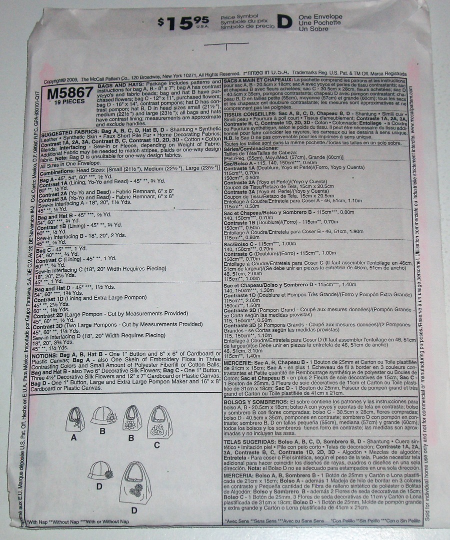 McCall's M5867 Fashion Accessories Craft Pattern Purses & Bucket Hat 