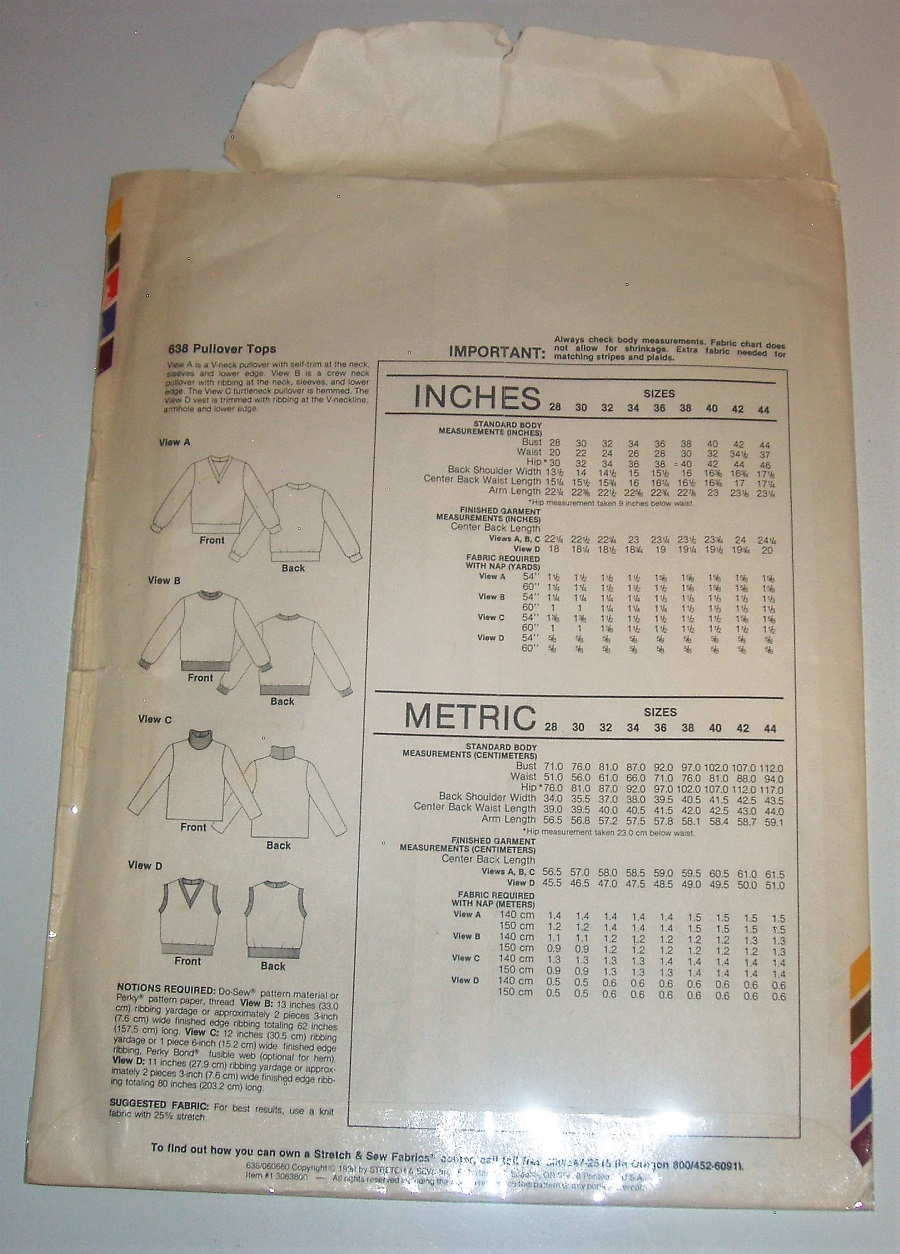 Vintage Stretch & Sew 638 Pullover Knit Tops Sewing Pattern – Bust 28"-44" (Waist 20"-37")