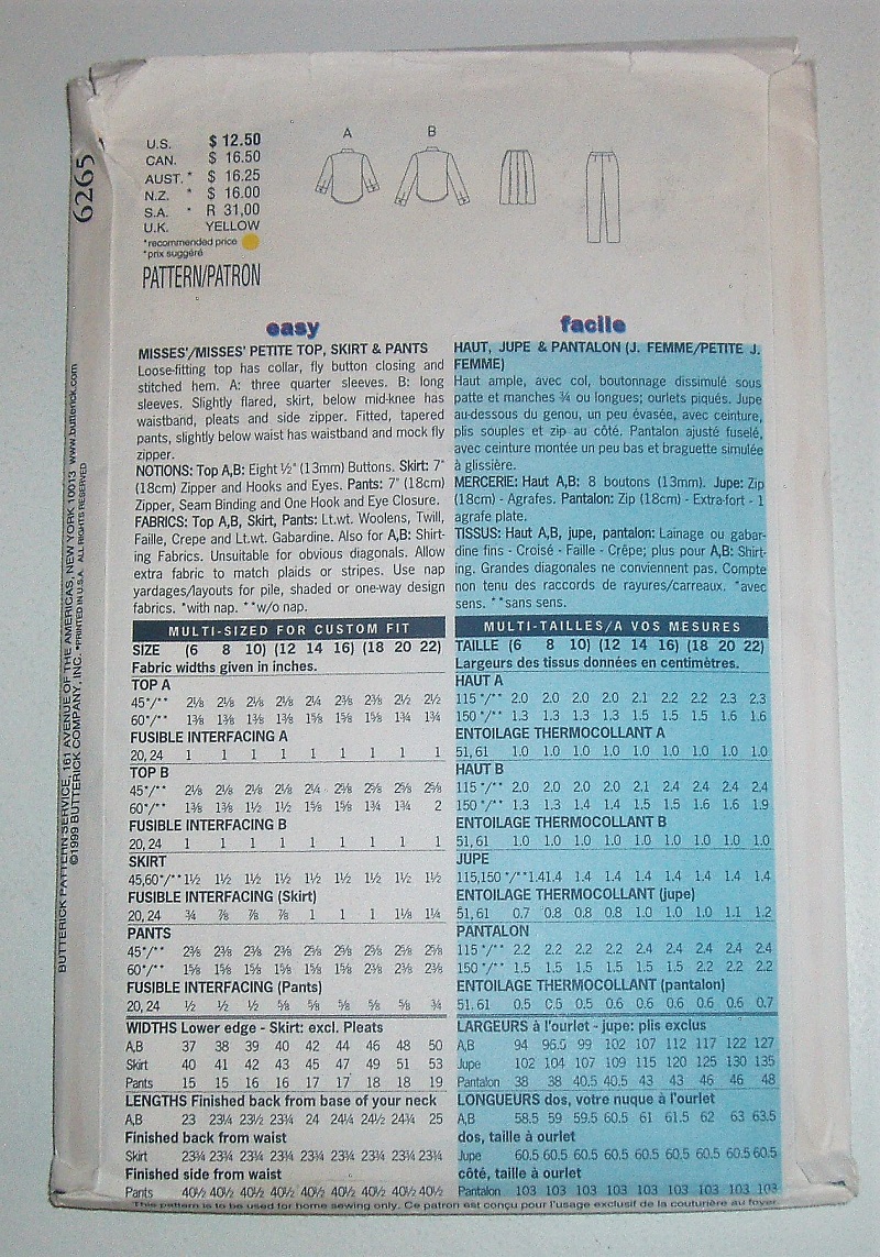 Butterick 6265 Misses/Misses Petite Top, Skirt & Pants Sewing Pattern Sizes 6–10 1999