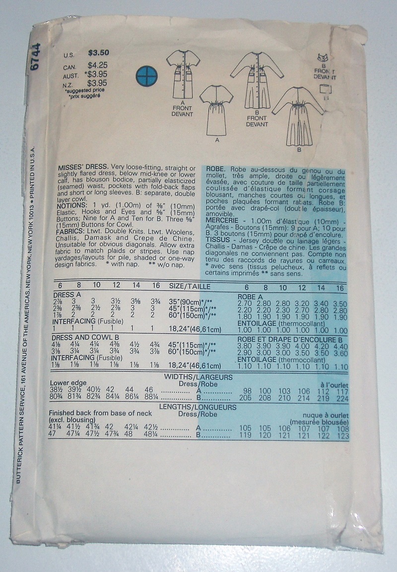 Vintage Butterick 6744 Misses Button-Front Dress Pattern Sz 12-16