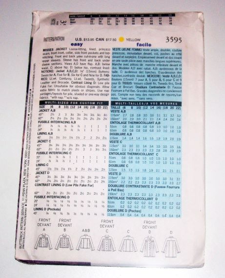 Butterick 3595 Misses Jacket Sewing Pattern Sizes 6-10