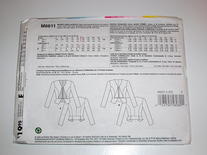 McCall's M6611 Fashion Star Sewing Pattern Misses Lined Jackets Sz 14-22