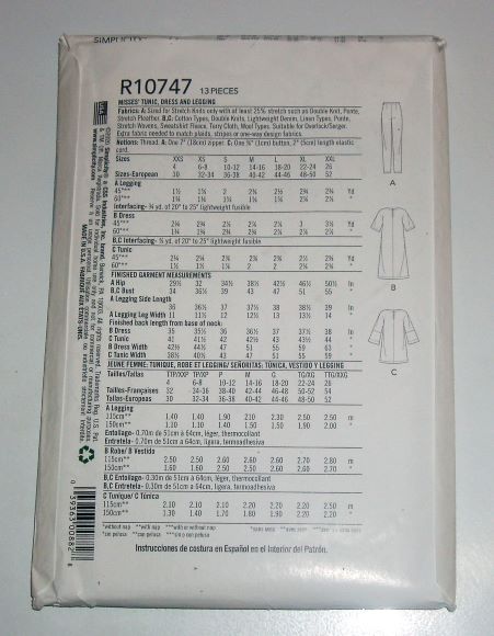 Simplicity R10747 Misses Tunic, Dress & Leggings Sewing Pattern (XXS–XXL)