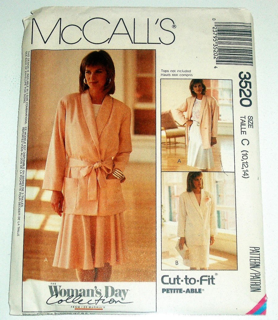 McCall’s 3520 Vintage 1988 Sewing Pattern Misses/MP Jacket, Tie Belt & Skirt Sz 10-14