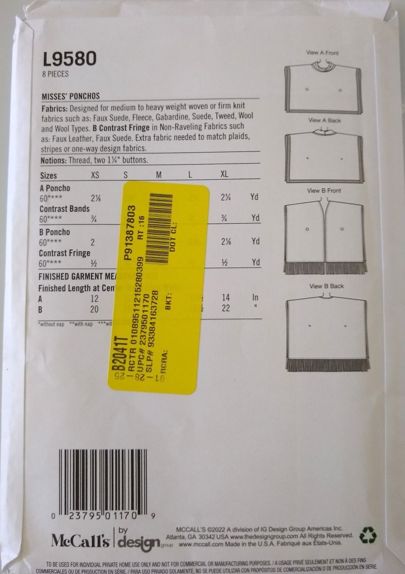 It's So Simple McCall's L9580 Sewing Pattern Misses Fall Ponchos Sizes XS-XL