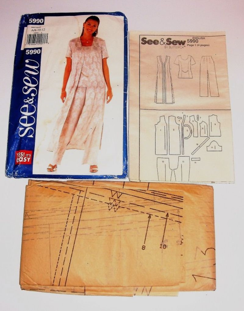 Butterick 5990 See & Sew Easy Sewing Pattern Misses/MP Duster, Top & Pants Sz 8–12