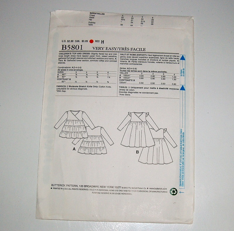 Butterick See & Sew B5801 Girl’s Knit Dress & Top Sewing Pattern Sizes 3–6 2012