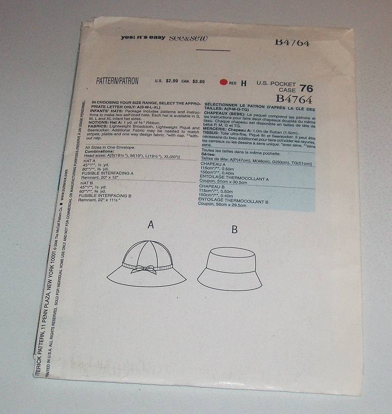 Butterick B4764 See & Sew Sewing Pattern Infant Hats with Brim Sizes S–XL