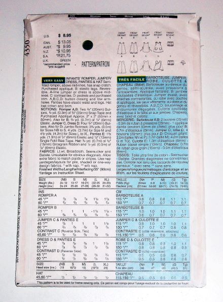Butterick 4350 Infant Romper, Jumper, Dress, Panties & Hat Sewing Pattern Sizes NB–Medium 