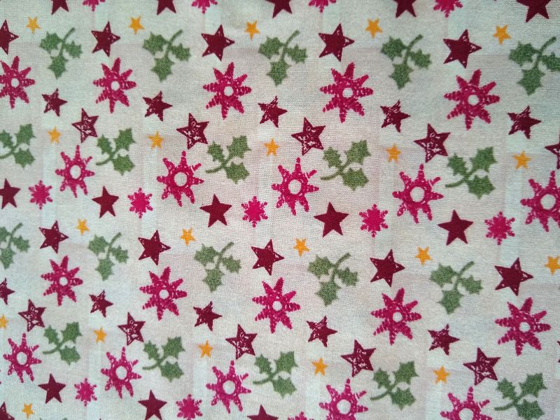Vintage 1990s Holiday Cotton Fabric – 2 Yards + 33" x 45" – Green Holly, Burgundy & Red Stars on Beige