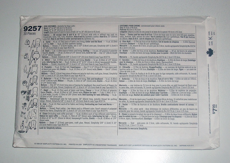 Simplicity 9257 Dog Costumes Sewing Pattern – One Size