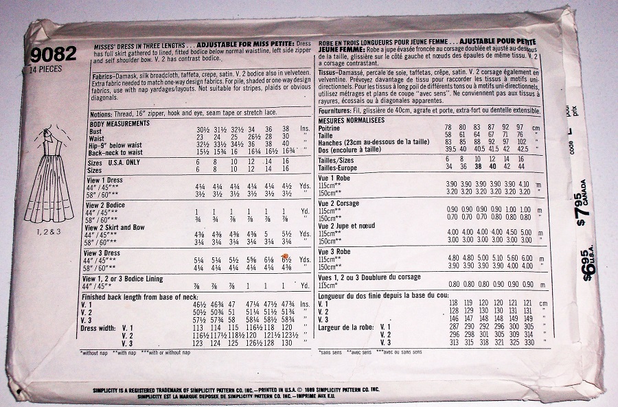 Simplicity 9082 Misses/Miss Petite Formal Dress Sewing Pattern Sizes 6–8 (1989)