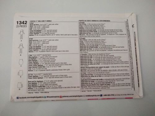Simplicity 1342 Stuffed Doll and Animal Sewing Pattern (One Size) Cut Complete