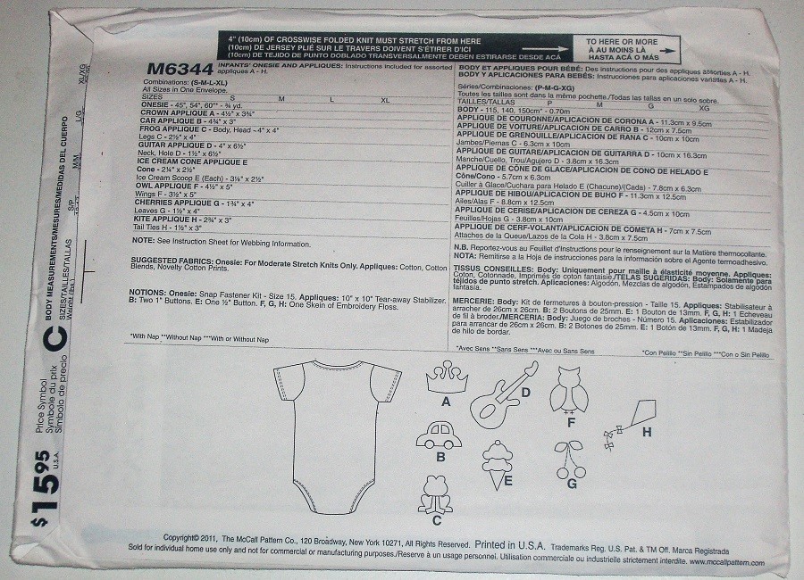 McCall's M6344 Infant's Onesie & Applique Sewing Pattern Sizes S-XL 