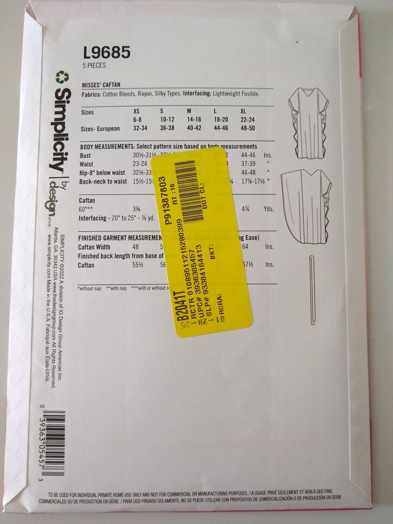 Simplicity L9685 It’s So Easy Misses Caftan Sewing Pattern – XS–XL – 2022