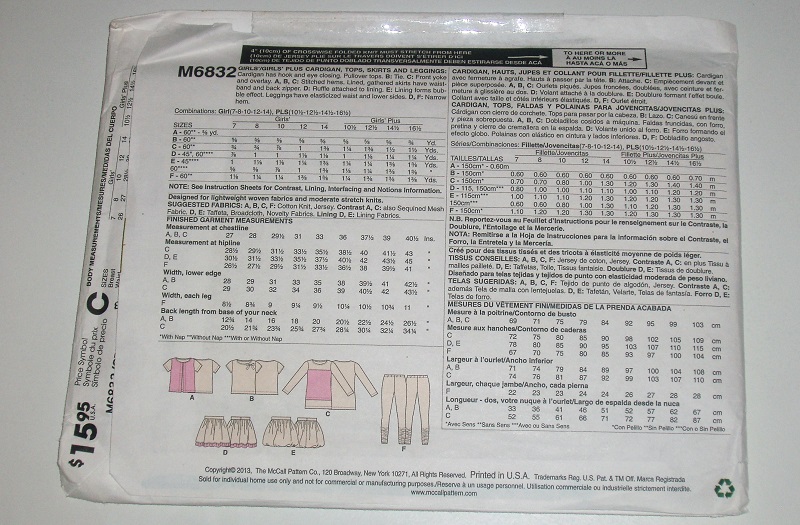 McCall's M6832 Sewing Pattern Girl's/Girl's Plus Cardigan Tops Skirts Leggings Sz 7-14