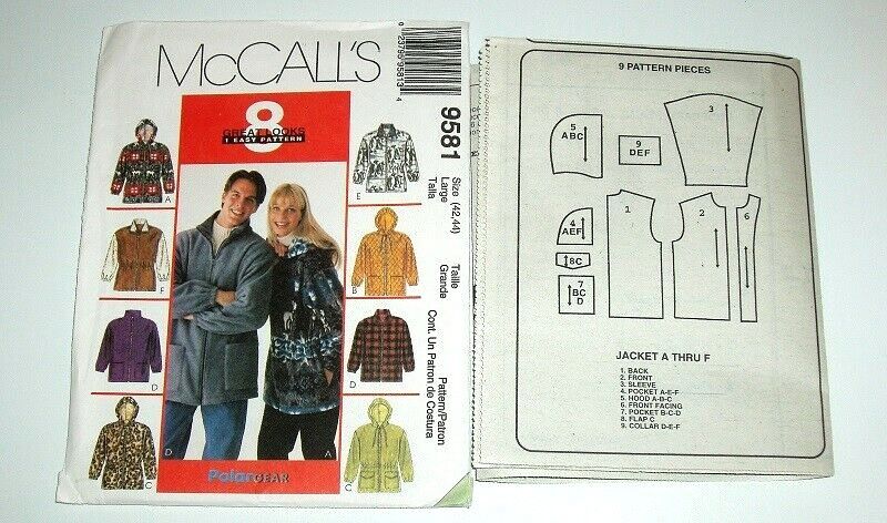 McCall’s 9581 Polar Gear 1998 Sewing Pattern Unisex Hooded Jacket with 8 Variations Sz Large