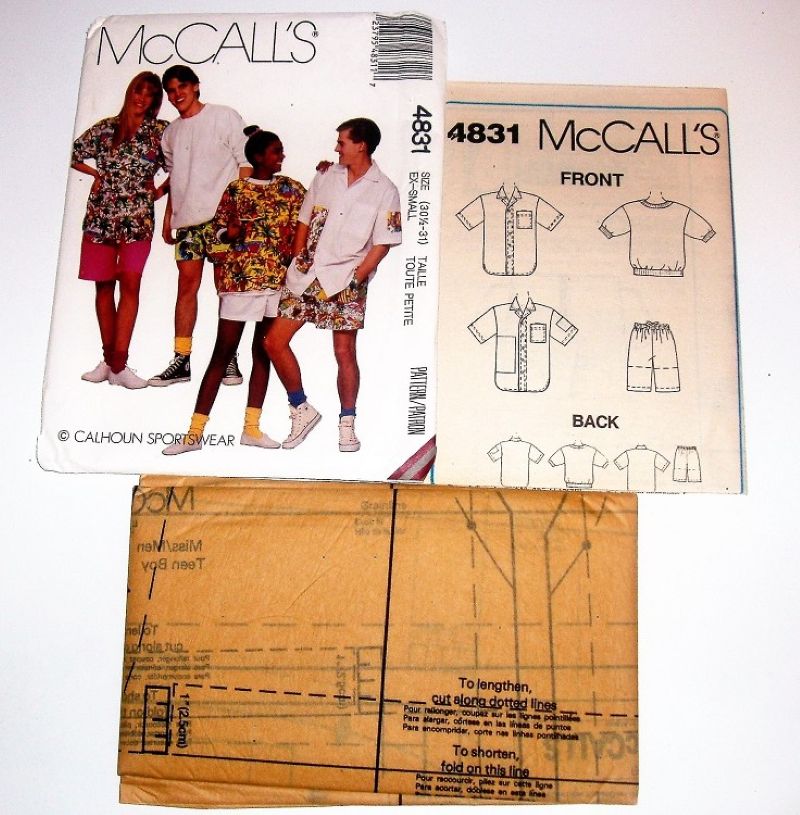 McCall’s 4831 Unisex Sewing Pattern Shirt, Reversible Sweatshirt & Shorts  Size XS 