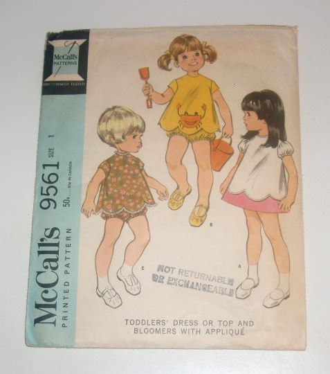 Vintage 1968 McCall’s 9561 Toddler’s Lined Dress, Top & Bloomers Size 1
