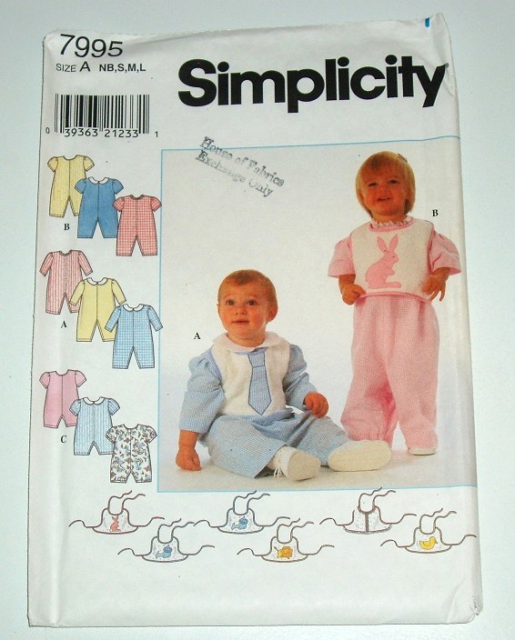 Simplicity 7995 Baby Romper & Bib Sewing Pattern (Sizes NB–L, 1997)