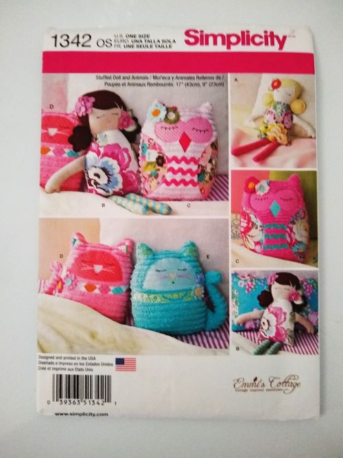 Simplicity 1342 Stuffed Doll and Animal Sewing Pattern (One Size) Cut Complete