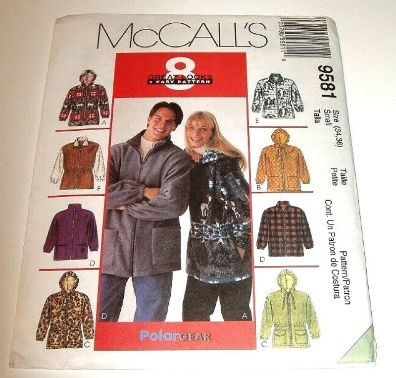 McCall’s 9581 Polar Gear 1998 Sewing Pattern Unisex Hooded Jacket with 8 Variations Sz Large