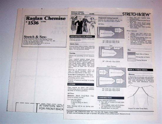 Vintage Stretch & Sew 1536 Misses Raglan Chemise Dress Sewing Pattern (1981) Bust 28"-44"