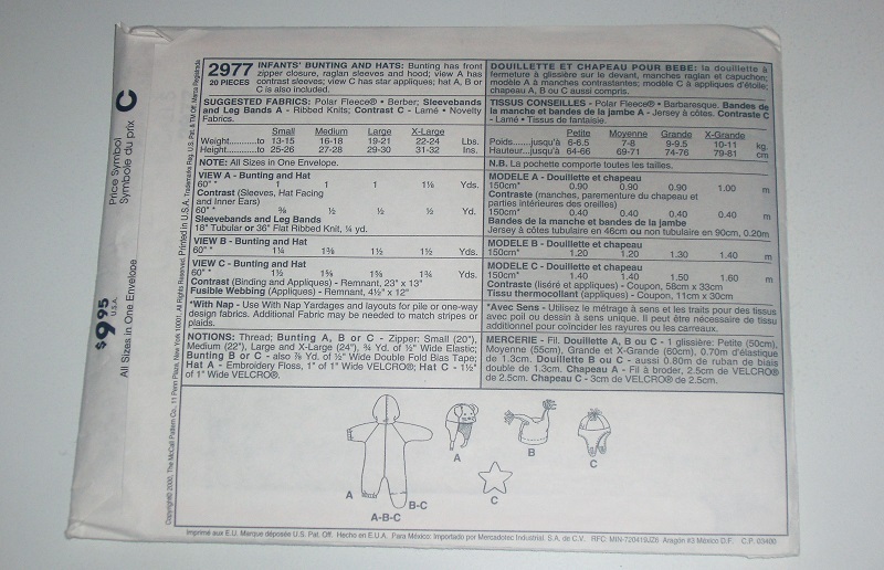 McCall’s 2977 Sewing Pattern Infant Bunting & Hat Variations Sz S-XL 2000 PolarGear Collection