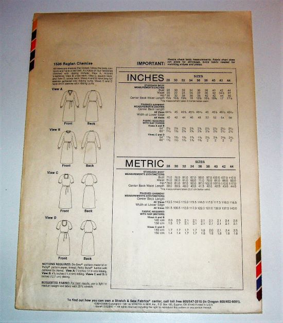 Vintage Stretch & Sew 1536 Misses Raglan Chemise Dress Sewing Pattern (1981) Bust 28"-44"