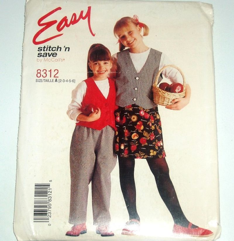 McCall’s 8312 Easy Stitch ’n Save 1996 Sewing Pattern Girls’ Lined Vest Pull-On Pants & Skirt Sz 2–6