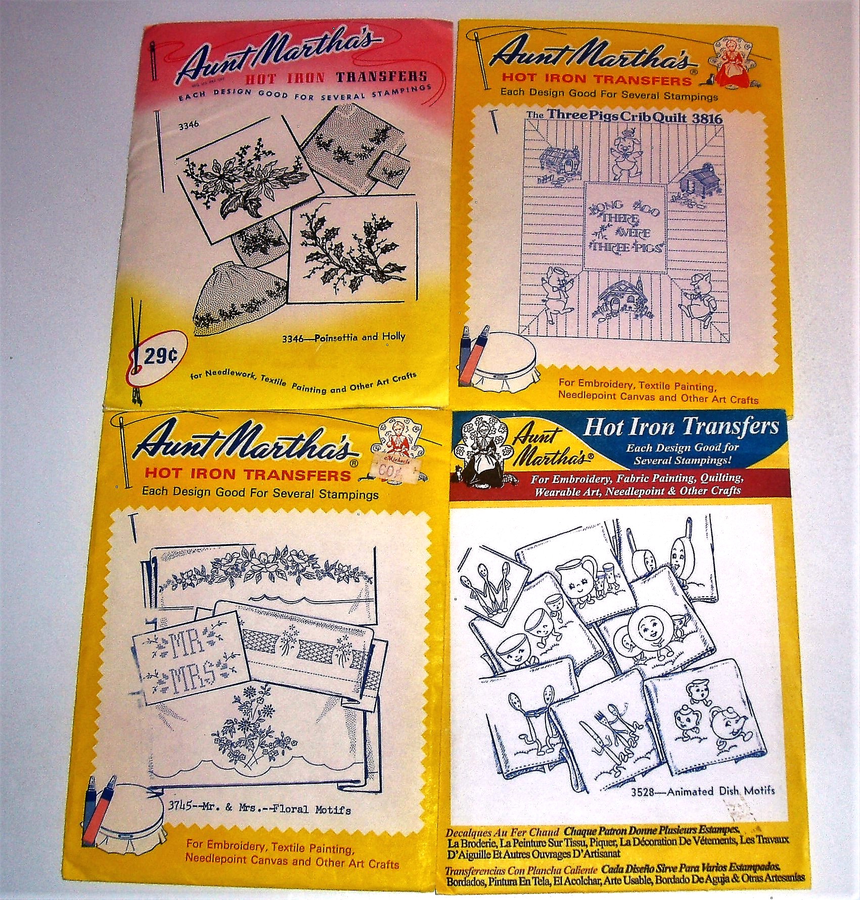 Aunt Martha’s Hot Iron Transfers Set Poinsettias, Mr. & Mrs. Floral, Dish Motifs, Three Pigs Quilt