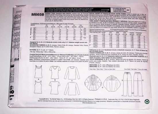 McCall’s M6658 Misses Tops, Shorts & Pants Sewing Pattern Sizes L-XXL (2012)